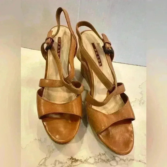 Prada Cork Wedge Strappy Tan Leather Sandals (Sz 37.5) - Picture 12 of 16